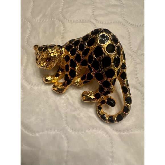 VTG Park Lane Brooch Leopard Jaguar Cat Pin Pendant Black Enamel Gold Crystal - Picture 2 of 15